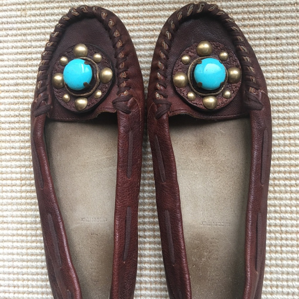 Miu Miu Brown Calfskin Moccasins w Turquoise